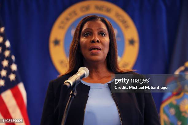 New York Attorney General Letitia James speaks during a press conference at the office of the Attorney General on July 13, 2022 in New York City. NY...