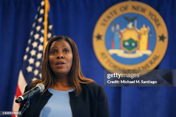 New York Attorney General Letitia James speaks during a press conference at the office of the Attorney General on July 13, 2022 in New York City. NY...