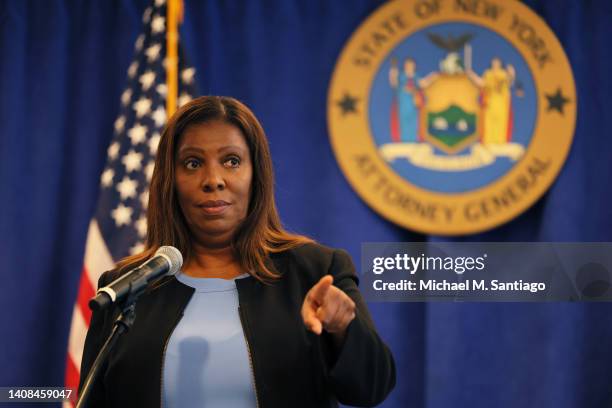 New York Attorney General Letitia James speaks during a press conference at the office of the Attorney General on July 13, 2022 in New York City. NY...