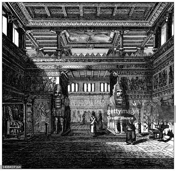 antique engraving illustration, civilization: assyrian king room - throne room stock illustrations