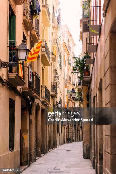 narrow alley in el born neighbourhood, barcelona, spain - tour of catalonia fotografías e imágenes de stock