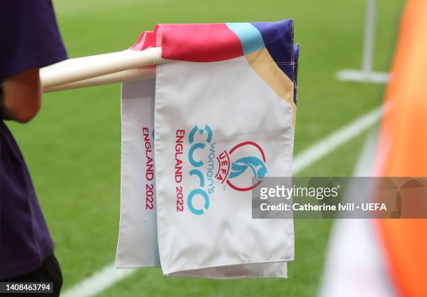 Detailed view of the Euro 2022 corner flags during the UEFA Women's Euro England 2022 group B match between Denmark and Finland at Stadium mk on July...