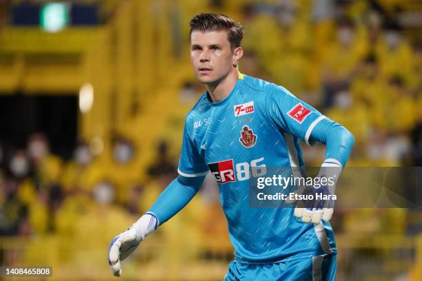 Michell Langerak of Nagoya Grampus gestures during the J.LEAGUE Meiji Yasuda J1 20th Sec. Match between Kashiwa Reysol and Nagoya Grampus at SANKYO...