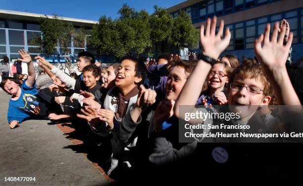 Sixth-grader Joe Hoyt and several schoolmates attend a lunchtime Smile Day rally at A.P. Giannini Middle School in San Francisco, Calif., on...