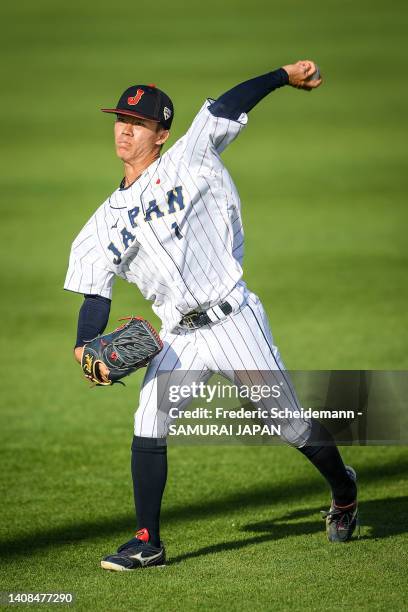 Kota Yazawa of Japan pitches the ball in the Netherlands v Japan game during the Honkbal Week Haarlem at the Pim Mulier Stadion on July 13, 2022 in...