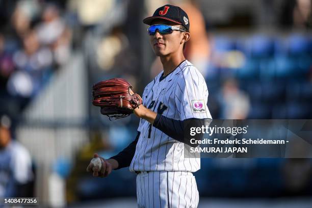 Kota Yazawa of Japan prepares to pitch the ball in the Netherlands v Japan game during the Honkbal Week Haarlem at the Pim Mulier Stadion on July 13,...