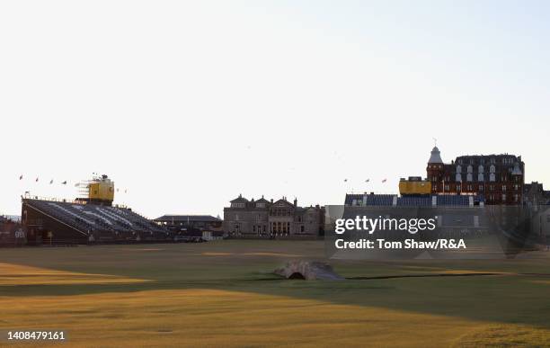 General view of the first and 18th holes during a practice round prior to The 150th Open at St Andrews Old Course on July 13, 2022 in St Andrews,...