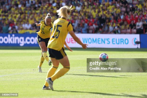Hanna Bennison of Sweden scores their team's second goal during the UEFA Women's Euro 2022 group C match between Sweden and Switzerland at Bramall...