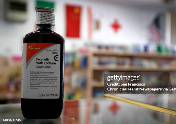 Cough syrup with codeine, a popular target for thieves, is displayed at High Street Pharmacy in Oakland, Calif. On Friday, June 24, 2011. Drug store...