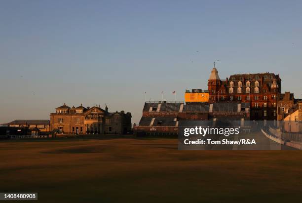 General view across the 1st and 18th holes with The R&A Clubhouse following a practice round prior to The 150th Open at St Andrews Old Course on July...