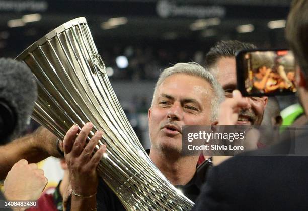 Jose Mourinho head coach of AS Roma celebrates with the Europe Conference League Trophy after victory the UEFA Conference League final match between...