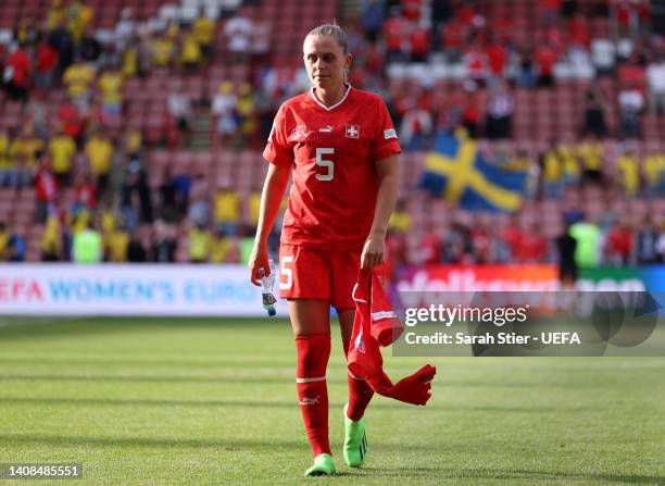 Noelle Maritz of Switzerland looks dejected following their side's defeat in the UEFA Women's Euro 2022 group C match between Sweden and Switzerland...