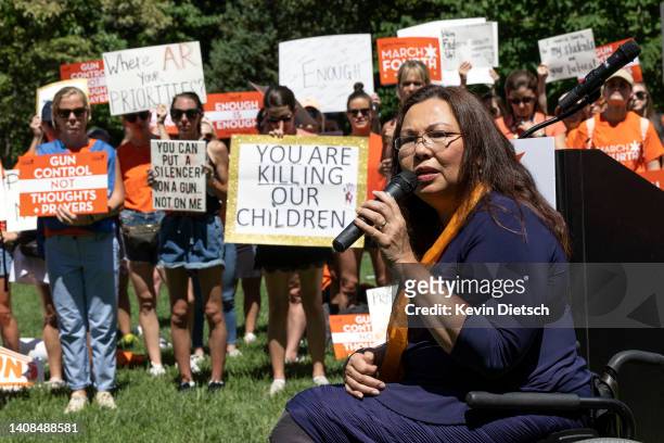 Sen. Tammy Duckworth speaks at a rally near the U.S. Capitol calling for a federal ban on assault weapons on July 13, 2022 in Washington, DC....