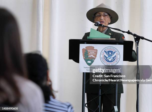 Park Service ranger Betty Soskin gives the keynote address during a naturalization ceremony at the Rosie the Riveter National Historic Park in...