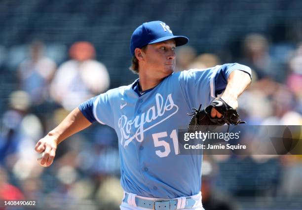 Starting pitcher Brady Singer of the Kansas City Royals pitches during the 1st inning of the game against the Detroit Tigers at Kauffman Stadium on...