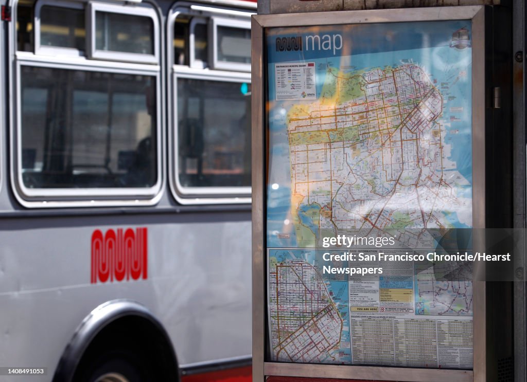 A 30-Stockton Muni bus rolls past a transit system map and bus stop on Fifth Street in San Francisco, Calif. on Thursday, April 2, 2015. The MTA will roll out its service improvement plan, dubbed "Muni Forward", later this month