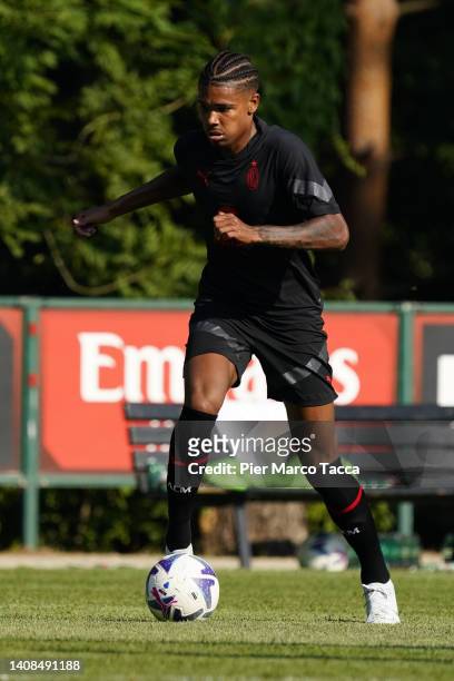 Emil Roback in action during an AC Milan training session at Milanello on July 13, 2022 in Cairate, Italy.