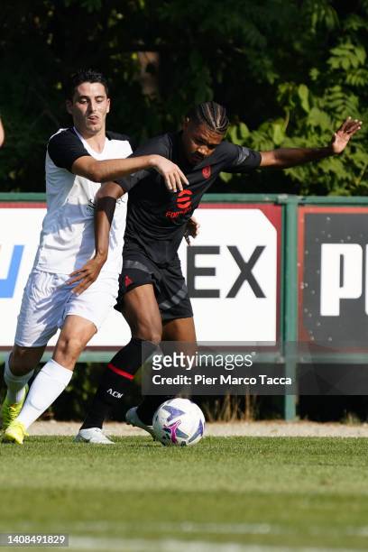 Emil Roback in action during an AC Milan training session at Milanello on July 13, 2022 in Cairate, Italy.