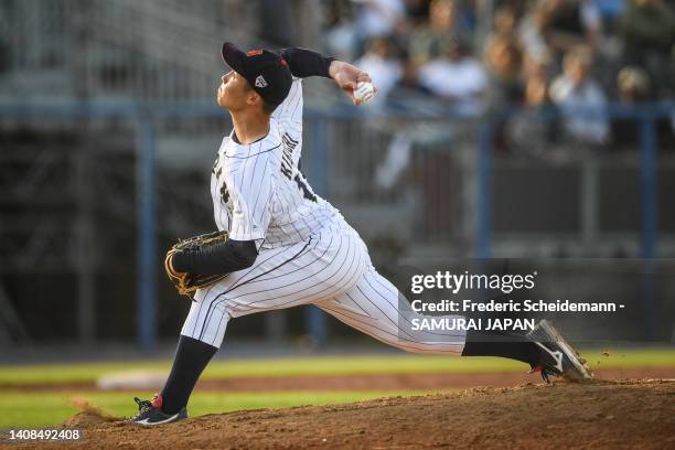 Riku Kikuchi of Japan throws the ball during the Netherlands v Japan game during the Honkbal Week Haarlem at the Pim Mulier Stadion on July 13, 2022...