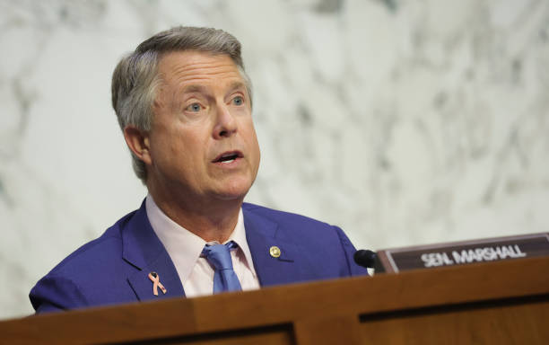Sen. Roger Marshall participates in a Senate Health, Education, Labor and Pensions Committee hearing on Capitol Hill, July 13, 2022 in Washington,...