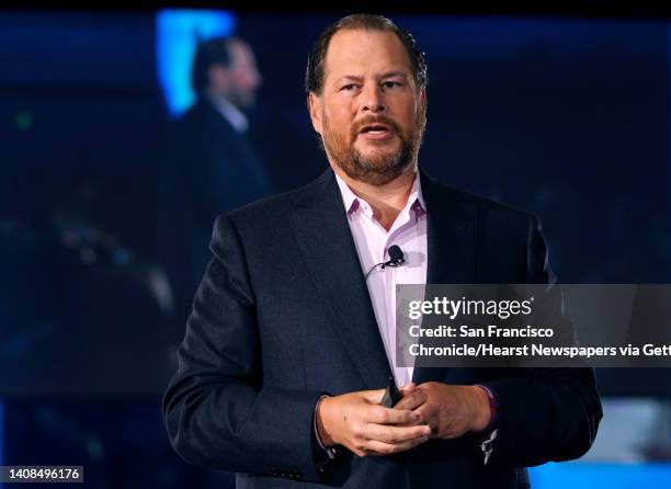 Salesforce CEO Marc Benioff delivers the keynote speech at the annual Dreamforce conference at Moscone Center in San Francisco, Calif. On Wednesday,...