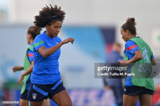 Sara Gama in action during the UEFA Women's Euro England 2022 Italy Press Conference And Training Session at Manchester City Academy Stadium on July...