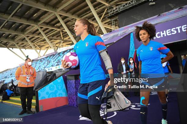 Laura Giuliani and Sara Gama walk in before the UEFA Women's Euro England 2022 Italy Press Conference And Training Session at Manchester City Academy...