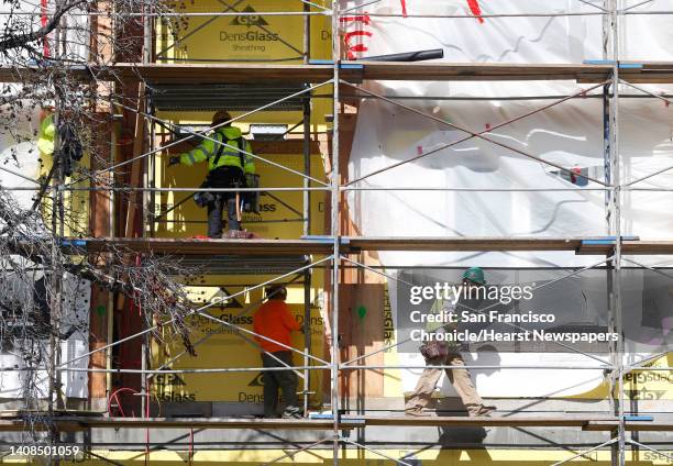 Construction continues on the 115-unit Marea Alta residential development across the street from the BART station in San Leandro, Calif. On Thursday,...