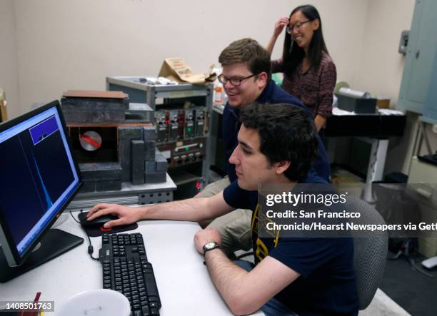 Students Christopher Figueroa , Zach Levine and Jinney Kil review data collected from a soil sample at UC Berkeley on Friday, March 4, 2016. Kai...