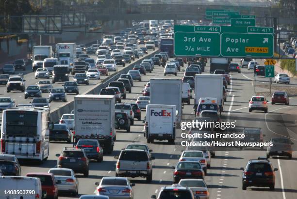 Traffic is congested in both directions during the peak morning commute on Highway 101 at the southbound Poplar Avenue exit in San Mateo, Calif. On...