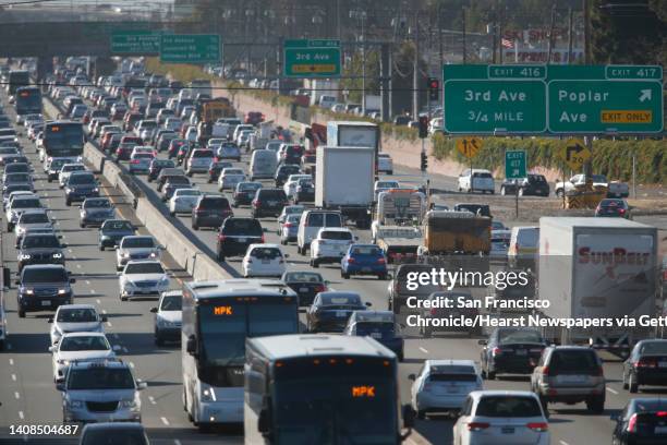 Morning commute traffic slows to a crawl in both directions of Highway 101 near the Peninsula Avenue overpass in San Mateo, Calif. On Wednesday, July...