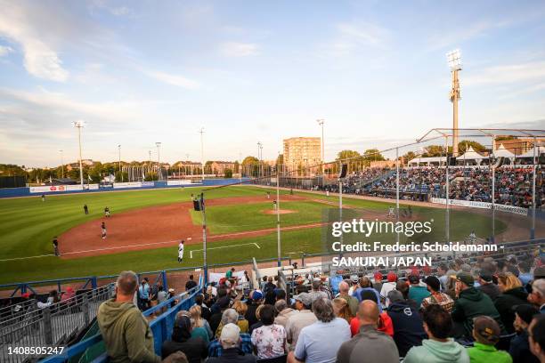 General View of Pim Mulier Stadion during the Netherlands v Japan game during the Honkbal Week Haarlem at the Pim Mulier Stadion on July 13, 2022 in...