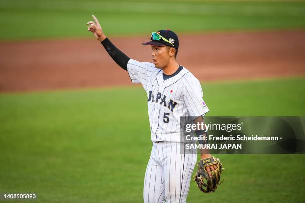 Daiki Saito gives his teammates instructions during the Netherlands v Japan game during the Honkbal Week Haarlem at the Pim Mulier Stadion on July...