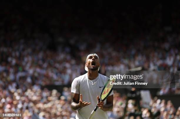 Nick Kyrgios of Australia reacts against Novak Djokovic of Serbia during their Men's Singles Final match on day fourteen of The Championships...