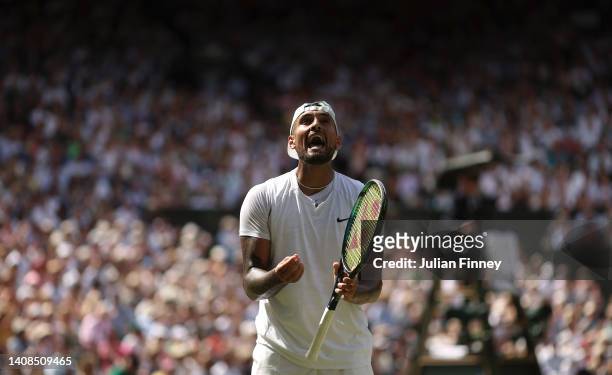 Nick Kyrgios of Australia reacts against Novak Djokovic of Serbia during their Men's Singles Final match on day fourteen of The Championships...