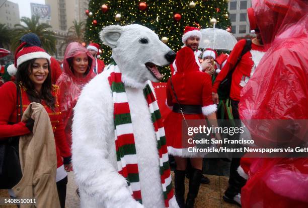 Polar bear mingles with Kris Kringle wannabes at Union Square for the annual Santacon romp in San Francisco, Calif. On Saturday, Dec. 10, 2016.