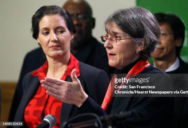 Anne Kirkpatrick speaks after Mayor Libby Schaaf names Kirkpatrick as the new Oakland police chief at a news conference in Oakland, Calif. On...