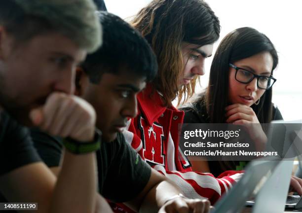 Ruby Nealon verifies a possible bug he discovered for Airbnb with Keziah Plattner at a hackathon in San Francisco, Calif. On Saturday, Feb. 11, 2017....