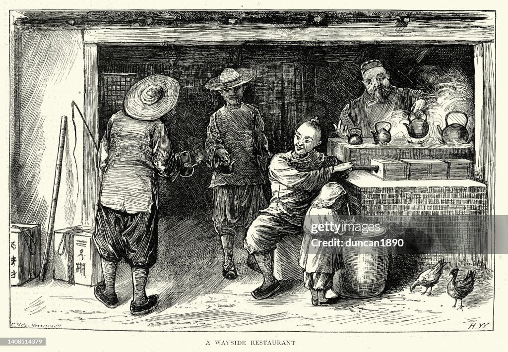 Vintage illustration, Chinese wayside restaurant, Life in China in 1870s, 1872, 19th Century