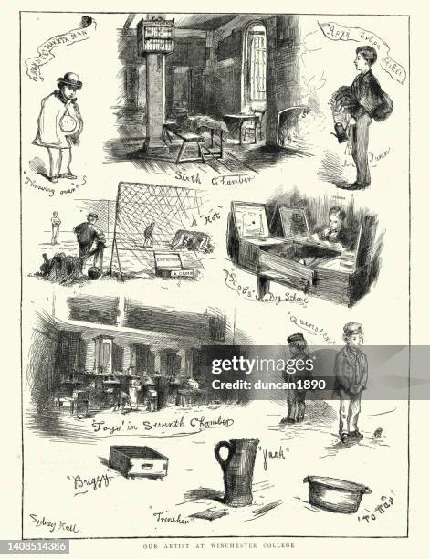 illustrations, cliparts, dessins animés et icônes de croquis à l’éducation victorienne du winchester college, années 1870, 19ème siècle - pension