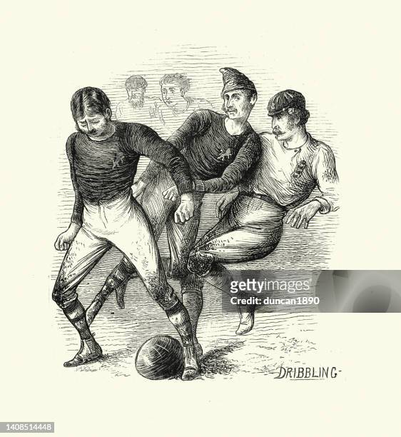 stockillustraties, clipart, cartoons en iconen met footballers dribbling the ball during the 1872 scotland v england football match, sport's first-ever international - verdediger voetballer