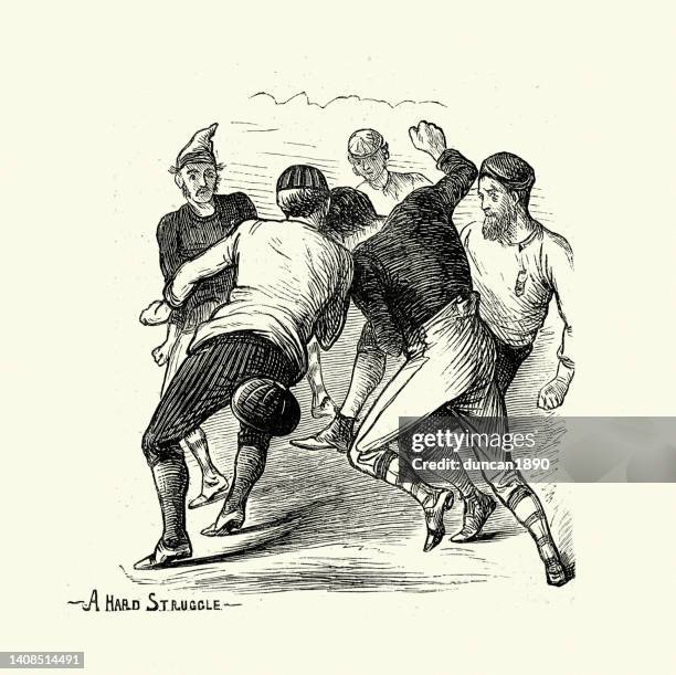 ilustrações, clipart, desenhos animados e ícones de jogadores de futebol lutando durante a partida escócia x inglaterra de 1872, o primeiro esporte internacional - stage costume