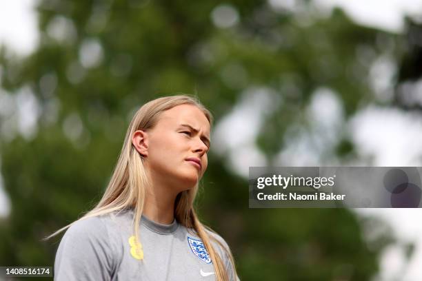 Hannah Hampton of England speaks to the media during an England Women Media Session at The Lensbury on July 13, 2022 in Teddington, England.