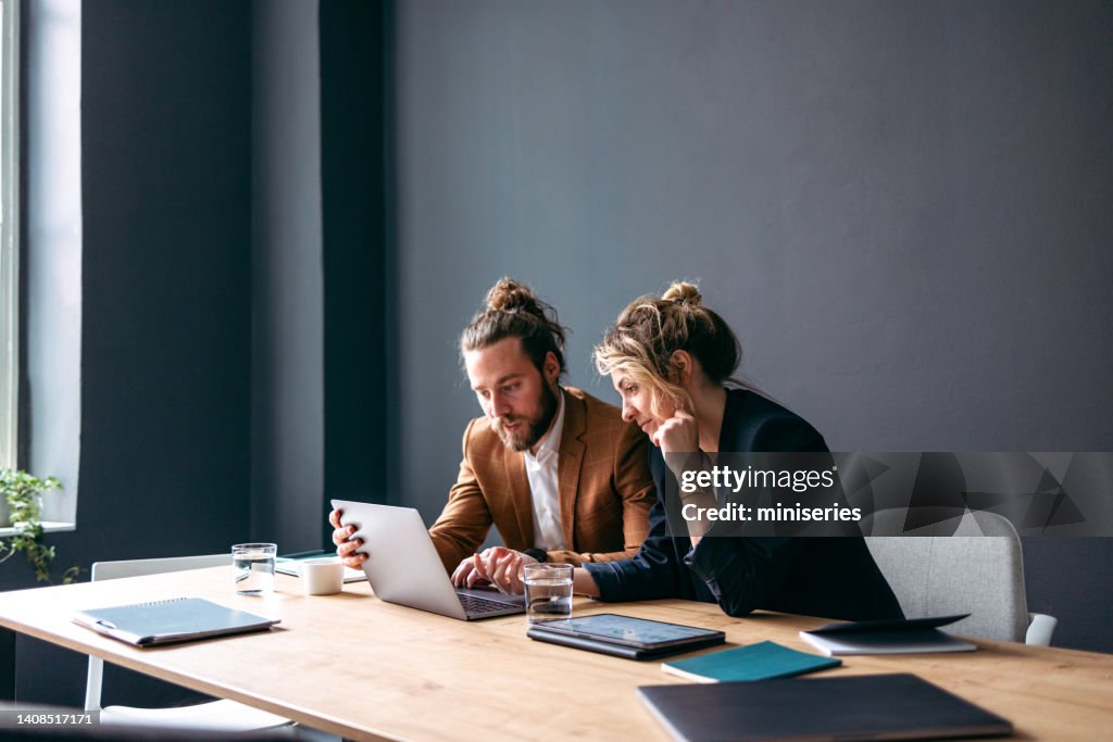 Two Smiling Colleagues Working Together On A New Project