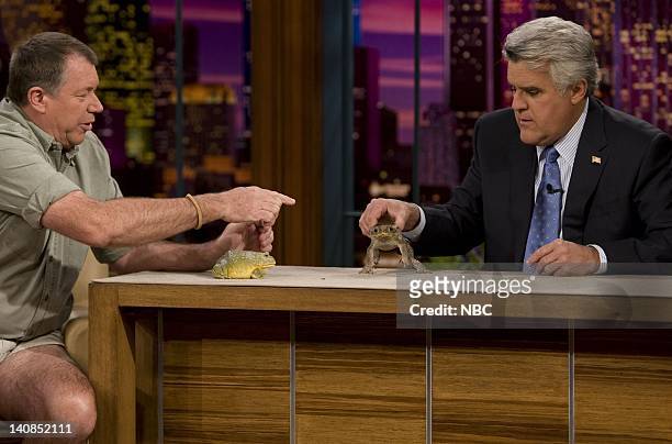 Air Date 1/9/08 -- Episode 3472 -- Pictured: Celebrity animal trainer Jules Sylvester shows host Jay Leno a Cane Toad and African Bullfrog on January...