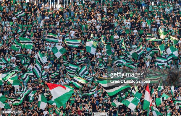 Ultra fans of Ferencvarosi TC show their support during the UEFA Champions League 2022/23 First Qualifying Round Second Leg match between...