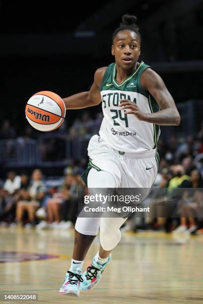 Jewell Loyd of the Seattle Storm handles the ball in the first half against the Los Angeles Sparks at Crypto.com Arena on July 07, 2022 in Los...