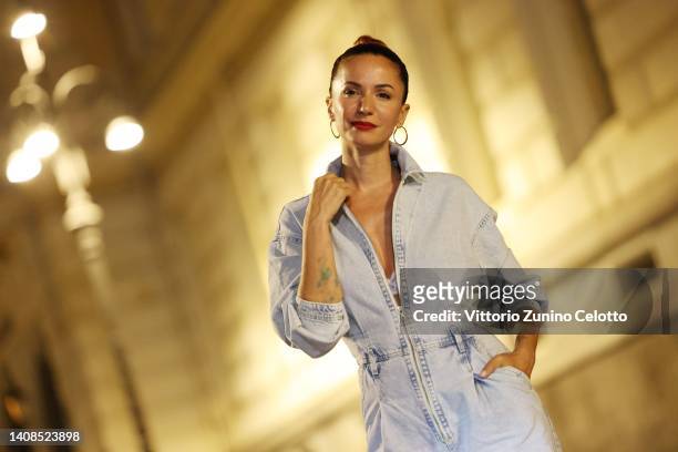 Andrea Delogu poses for the photographer at the BCT Benevento Cinema And Television Festival on July 13, 2022 in Benevento, Italy.