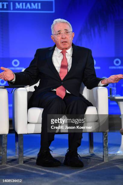 Álvaro Uribe Vélez, Former President, The Republic of Colombia, participates in The Future of Democracy in Latin America conversation during 2022...