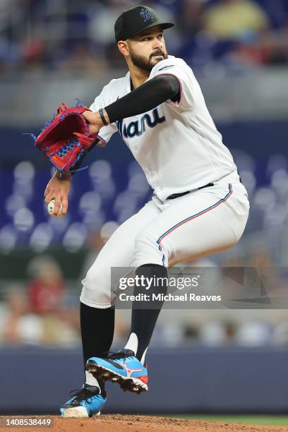 Pablo Lopez of the Miami Marlins delivers a pitch during the fourth inning against the Pittsburgh Pirates at loanDepot park on July 13, 2022 in...
